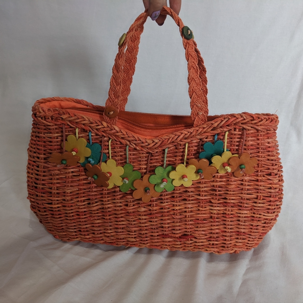 Alma Tonutti Colorful Weave Basket Purse with Flower Details